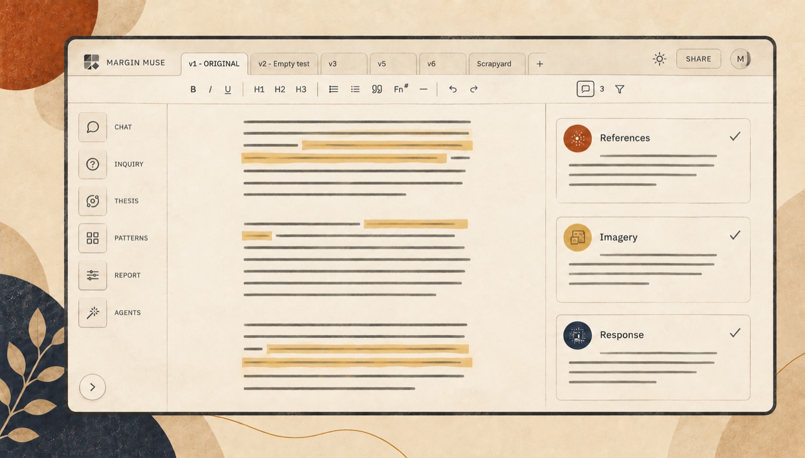 Margin Muse editor with pattern reports